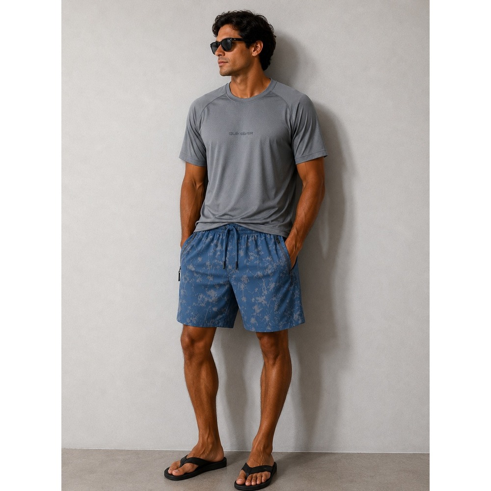 Quiksilver Mens 2 Piece Set Grey Mesh Tee Blue Abstract Print Shorts Large NEW